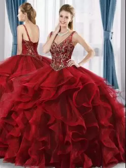 Spectacular Floor Length Red Ball Gown Prom Dress V-neck Sleeveless Lace Up