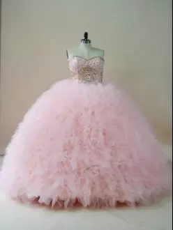 Great Tulle Sweetheart Sleeveless Brush Train Lace Up Beading and Ruffles Quince Ball Gowns in Baby Pink