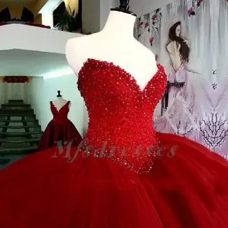 Puffy Bright Red Ball Gown Beade Bodice V-Neck Quinceanera Dress with Tulle Sweep Train Under 200