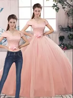 Low Price Pink Two Pieces Off The Shoulder Short Sleeves Tulle Floor Length Lace Up Lace and Hand Made Flower Sweet 16 Quinceanera Dress