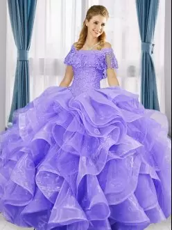Lavender Ball Gowns Off The Shoulder Sleeveless Organza Floor Length Lace Up Beading and Ruffles Quinceanera Gown