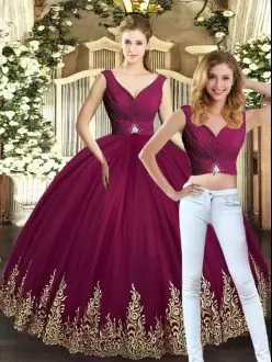 Sumptuous Tulle V-neck Sleeveless Backless Beading and Appliques Sweet 16 Quinceanera Dress in Burgundy