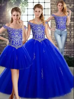 Graceful Royal Blue Tulle Lace Up Off The Shoulder Sleeveless Floor Length 15th Birthday Dress Beading