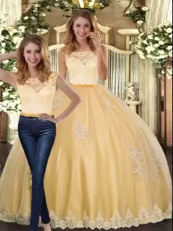 Sophisticated Floor Length Gold Sweet 16 Dresses Tulle Sleeveless Lace and Appliques