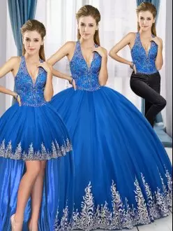 Floor Length Three Pieces Sleeveless Royal Blue Quinceanera Dresses Lace Up