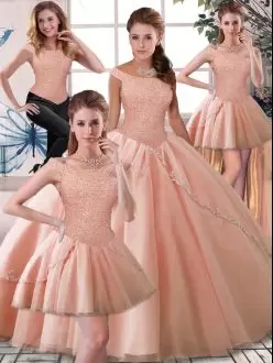 Customized Brush Train Ball Gowns Sweet 16 Dress Peach Off The Shoulder Tulle Sleeveless Lace Up