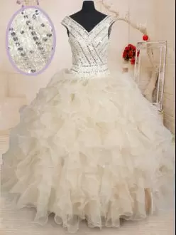 Excellent Organza Cap Sleeves Floor Length Quinceanera Dress and Beading and Ruffles and Sequins