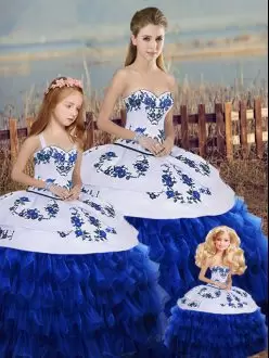 Spectacular Royal Blue Organza Lace Up Sweetheart Sleeveless Floor Length Sweet 16 Dresses Embroidery and Ruffled Layers and Bowknot