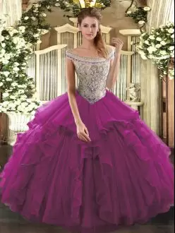 Stunning Beading and Ruffles Quince Ball Gowns Fuchsia Lace Up Sleeveless Floor Length