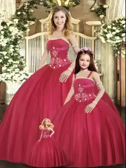 Red Sleeveless Sweetheart Tulle and Satin Beading Puffy Skirt Quinceanera Gown Package