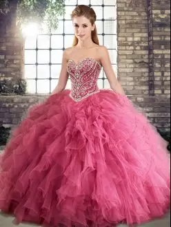 Fantastic Watermelon Red Tulle Lace Up Sweetheart Sleeveless Floor Length 15 Quinceanera Dress Beading and Ruffles