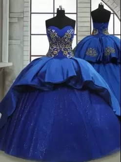 Royal Blue Ball Gowns Sweetheart Sleeveless Satin and Tulle Sweep Train Lace Up Beading and Appliques Sweet 16 Dresses