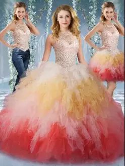 Super Tulle Sleeveless Floor Length Quince Ball Gowns and Beading and Ruffles