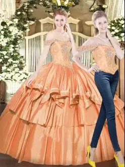 Floor Length Lace Up 15 Quinceanera Dress Orange Red for Military Ball and Sweet 16 and Quinceanera with Beading and Ruffled Layers
