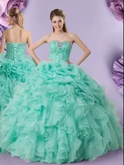 Cheap Floor Length Lace Up 15th Birthday Dress Apple Green for Military Ball and Sweet 16 and Quinceanera with Beading and Ruffles and Pick Ups