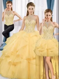 Custom Design Gold Tulle Lace Up Quinceanera Dresses Sleeveless Beading