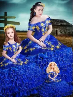 Royal Blue Quinceanera Dresses Sweet 16 and Quinceanera with Embroidery and Ruffles Off The Shoulder Sleeveless Lace Up