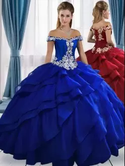 Glorious Royal Blue Sleeveless Floor Length Appliques Lace Up 15th Birthday Dress Off The Shoulder