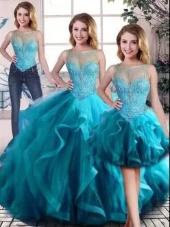 Aqua Blue Scoop Lace Up Beading and Ruffles Quinceanera Dresses Sleeveless