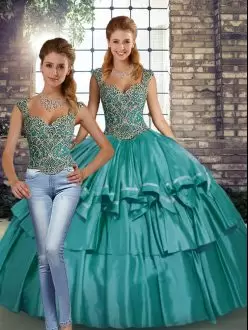 Teal Straps Neckline Beading and Ruffled Layers 15 Quinceanera Dress Sleeveless Lace Up