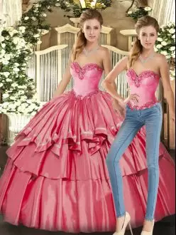 Watermelon Red Two Pieces Sweetheart Sleeveless Organza Floor Length Lace Up Beading and Ruffled Layers Quinceanera Dresses