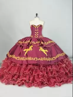 Dazzling Burgundy Brush Train Embroidered and Ruffled Layers 15th Birthday Dress with Horses