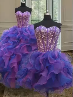Adorable Ball Gowns Quinceanera Gown Blue and Purple Sweetheart Organza Sleeveless Floor Length Lace Up