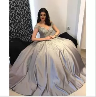 Silver Grey Satin Quinceanera Dress with Short Train