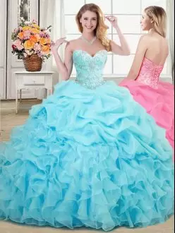 Aqua Blue Organza Lace Up Sweetheart Sleeveless Floor Length Quinceanera Dresses Beading and Ruffles and Pick Ups