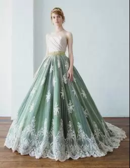 Strapless Sleeveless Lace Up Quinceanera Dress Green Tulle Beading and Lace and Appliques