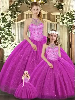 Floor Length Fuchsia Quince Ball Gowns Tulle Sleeveless Beading