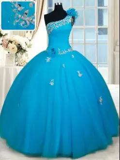 Fantastic One Shoulder Sleeveless Tulle Quinceanera Gowns Beading and Appliques and Hand Made Flower Zipper