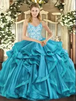 Teal Sleeveless Beading and Appliques and Ruffles Floor Length Quinceanera Gown