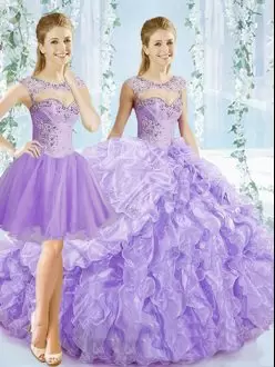 Elegant Lavender Sweet 16 Quinceanera Dress Organza Brush Train Sleeveless Beading and Ruching and Pick Ups