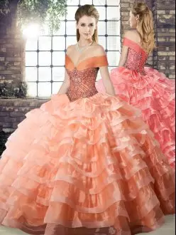 Vintage Sleeveless Off The Shoulder Brush Train Beading and Ruffled Layers Lace Up Quinceanera Gown