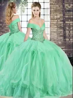 Apple Green Lace Up Off The Shoulder Beading and Ruffles Quinceanera Gowns Tulle Sleeveless