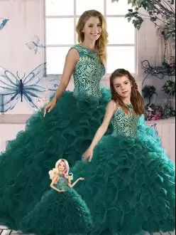 Sleeveless Organza Floor Length Lace Up 15th Birthday Dress in Peacock Green with Beading and Ruffles