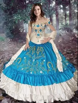 Vintage Teal Taffeta Lace Up Off The Shoulder Cap Sleeves Sweet 16 Quinceanera Dress Embroidery and Ruffled Layers