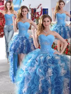 Blue And White Ball Gowns Beading Sweet 16 Dresses Lace Up Organza Sleeveless Floor Length