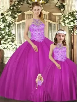 Free and Easy Floor Length Fuchsia Quinceanera Gown Tulle Sleeveless Beading