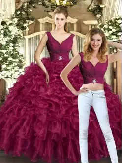 Stylish Burgundy Organza Backless V-neck Sleeveless Floor Length Ball Gown Prom Dress Beading and Ruffles