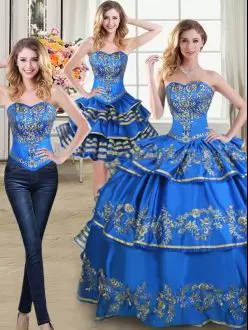 Blue Quince Ball Gowns Military Ball and Sweet 16 and Quinceanera with Beading and Embroidery and Ruffled Layers Sweetheart Sleeveless Lace Up