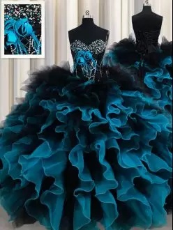 Black and Turquoise Beading and Ruffles Vestidos de Quinceanera Dress with Flowers on Bust