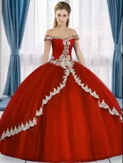 Fashionable Appliques Sweet 16 Dress Red Lace Up Sleeveless Floor Length