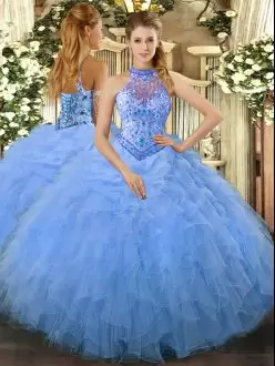 Romantic Ball Gowns Vestidos de Quinceanera Baby Blue Halter Top Organza Sleeveless Floor Length Lace Up