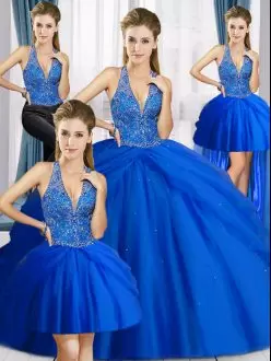 High Quality Royal Blue 15th Birthday Dress Military Ball and Sweet 16 and Quinceanera with Beading Halter Top Sleeveless Lace Up