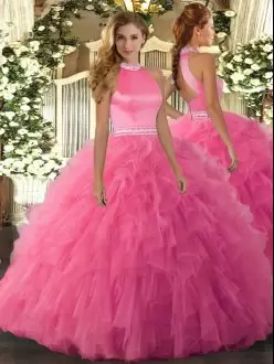 Customized Halter Top Sleeveless Quinceanera Dresses Floor Length Beading and Ruffles Hot Pink Organza