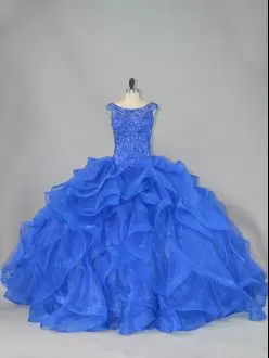Lace Up Quinceanera Gowns Royal Blue for Sweet 16 and Quinceanera with Beading and Ruffles Brush Train