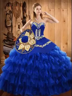 Sweetheart Sleeveless Lace Up Sweet 16 Dress Blue Tulle Embroidery and Ruffled Layers