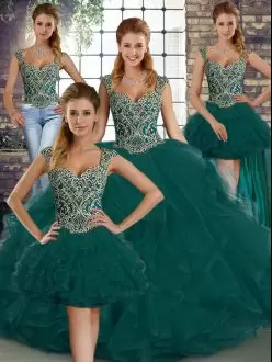 Sumptuous Peacock Green Straps Neckline Beading and Ruffles 15 Quinceanera Dress Sleeveless Lace Up